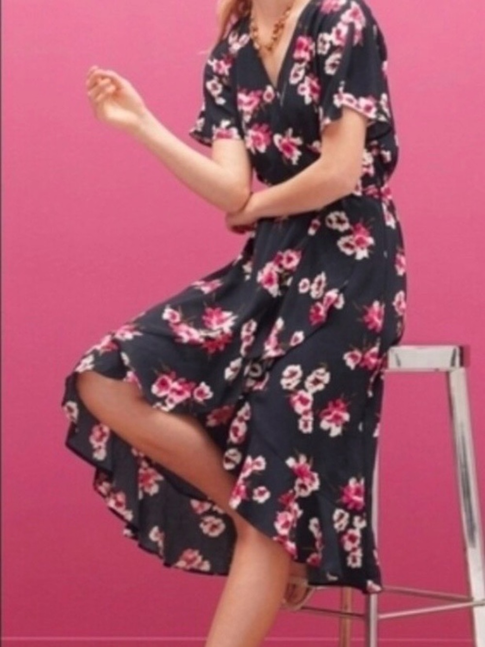 J. Crew Navy Floral Asymmetrical Midi Dress with Pink Accents